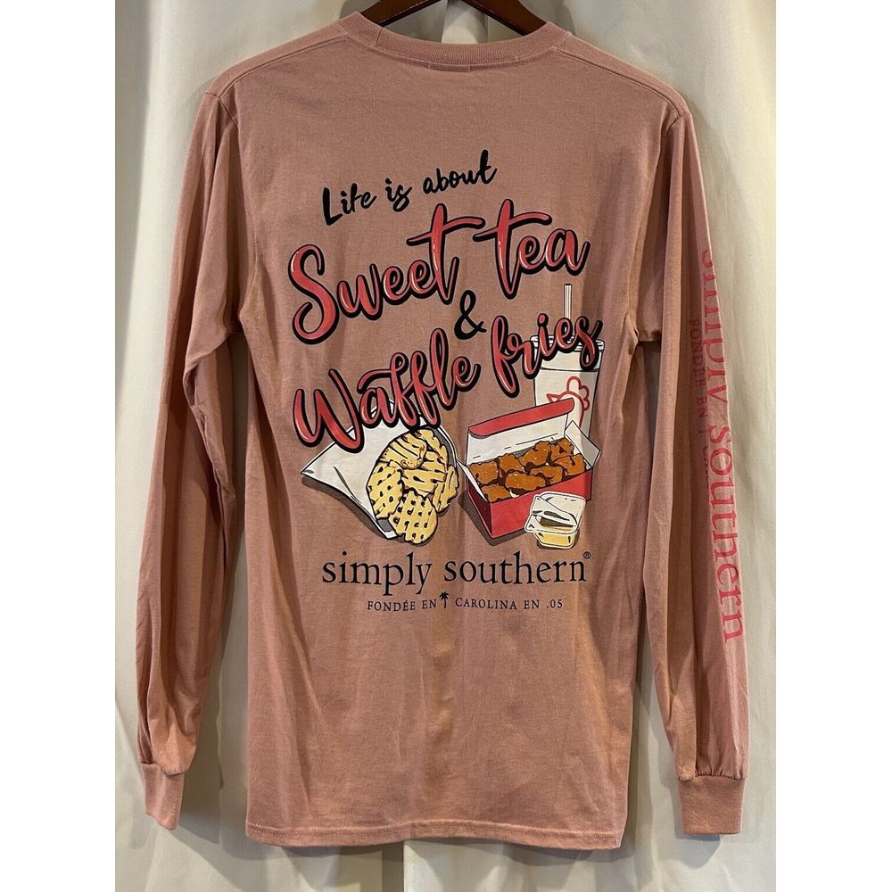 Simply Southern T Shirt Sweet Tea Waffle Fries Chicken Pink Long‎ Sleeve Small